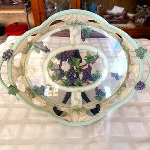 Rare Vintage 1940s Mid-Century Footed Serving Tray – Hand-Painted 3D Grapes